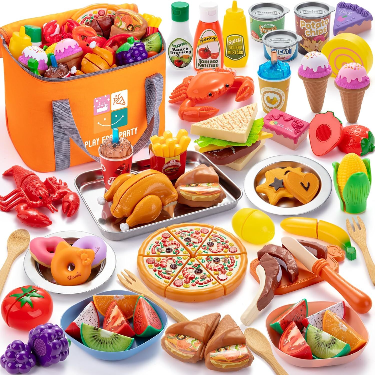 56PCS Kids Kitchen Accessories Set, Pretend Play Food Toys with Cutting Fruits, Vegetables, Pizza &amp; Dessert for Children 3+