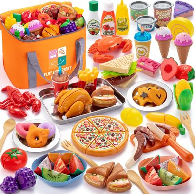 56PCS Kids Kitchen Accessories Set, Pretend Play Food Toys with Cutting Fruits, Vegetables, Pizza &amp; Dessert for Children 3+