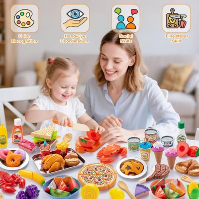 56PCS Kids Kitchen Accessories Set, Pretend Play Food Toys with Cutting Fruits, Vegetables, Pizza &amp; Dessert for Children 3+