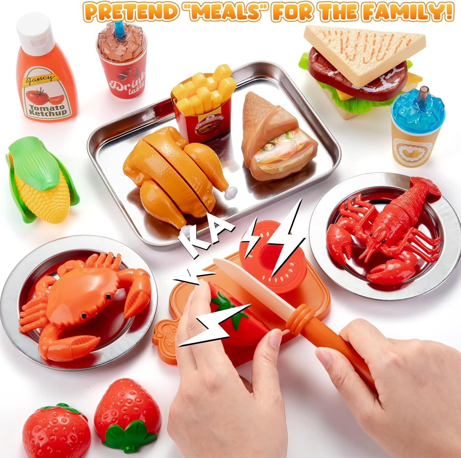 56PCS Kids Kitchen Accessories Set, Pretend Play Food Toys with Cutting Fruits, Vegetables, Pizza &amp; Dessert for Children 3+