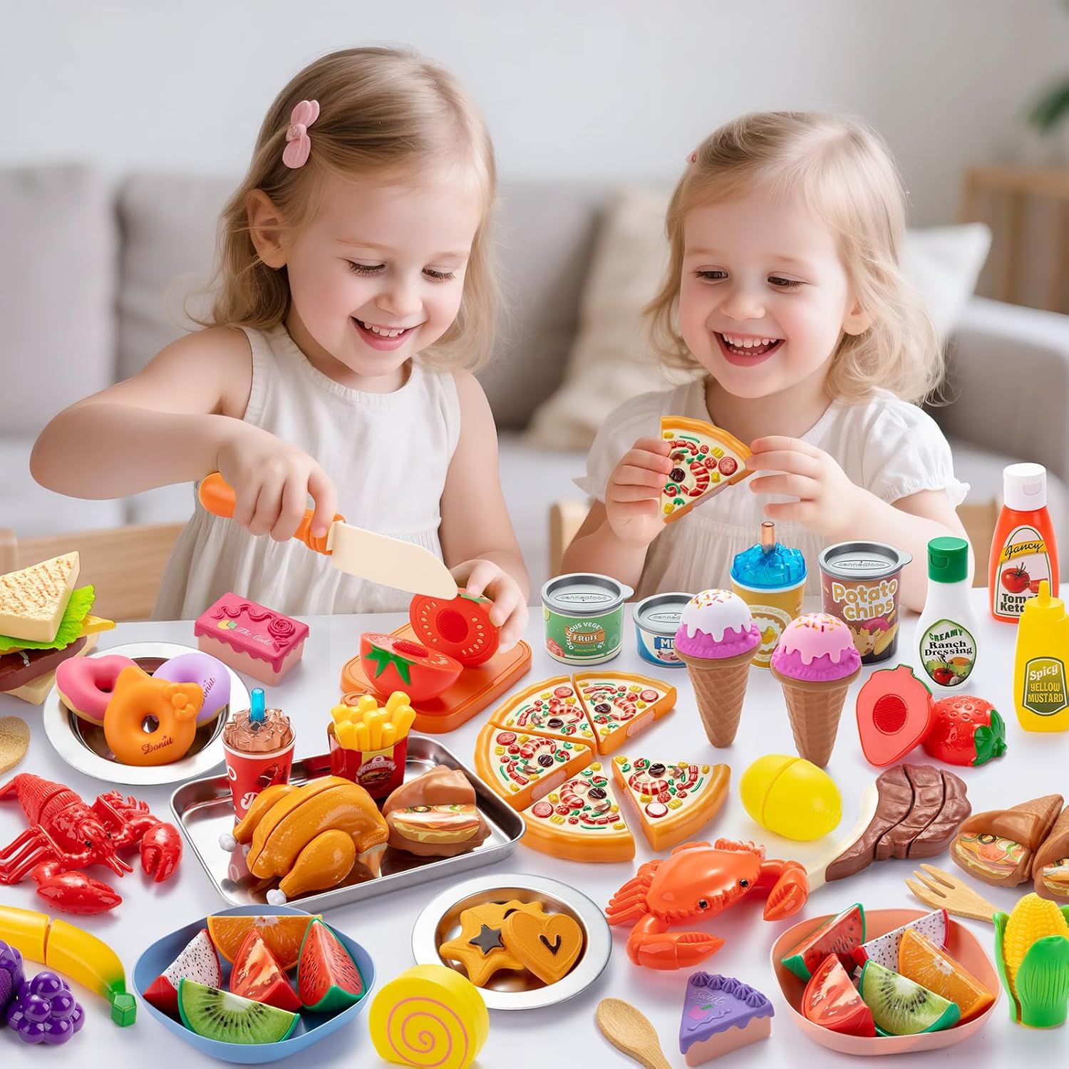 56PCS Kids Kitchen Accessories Set, Pretend Play Food Toys with Cutting Fruits, Vegetables, Pizza &amp; Dessert for Children 3+