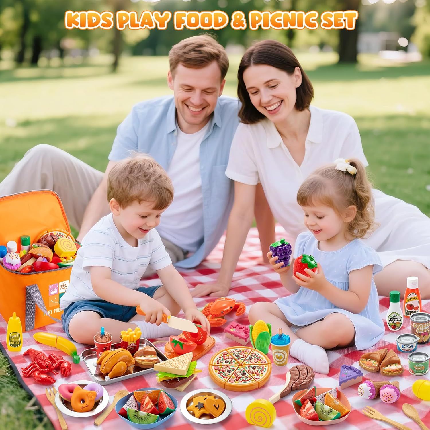 56PCS Kids Kitchen Accessories Set, Pretend Play Food Toys with Cutting Fruits, Vegetables, Pizza &amp; Dessert for Children 3+