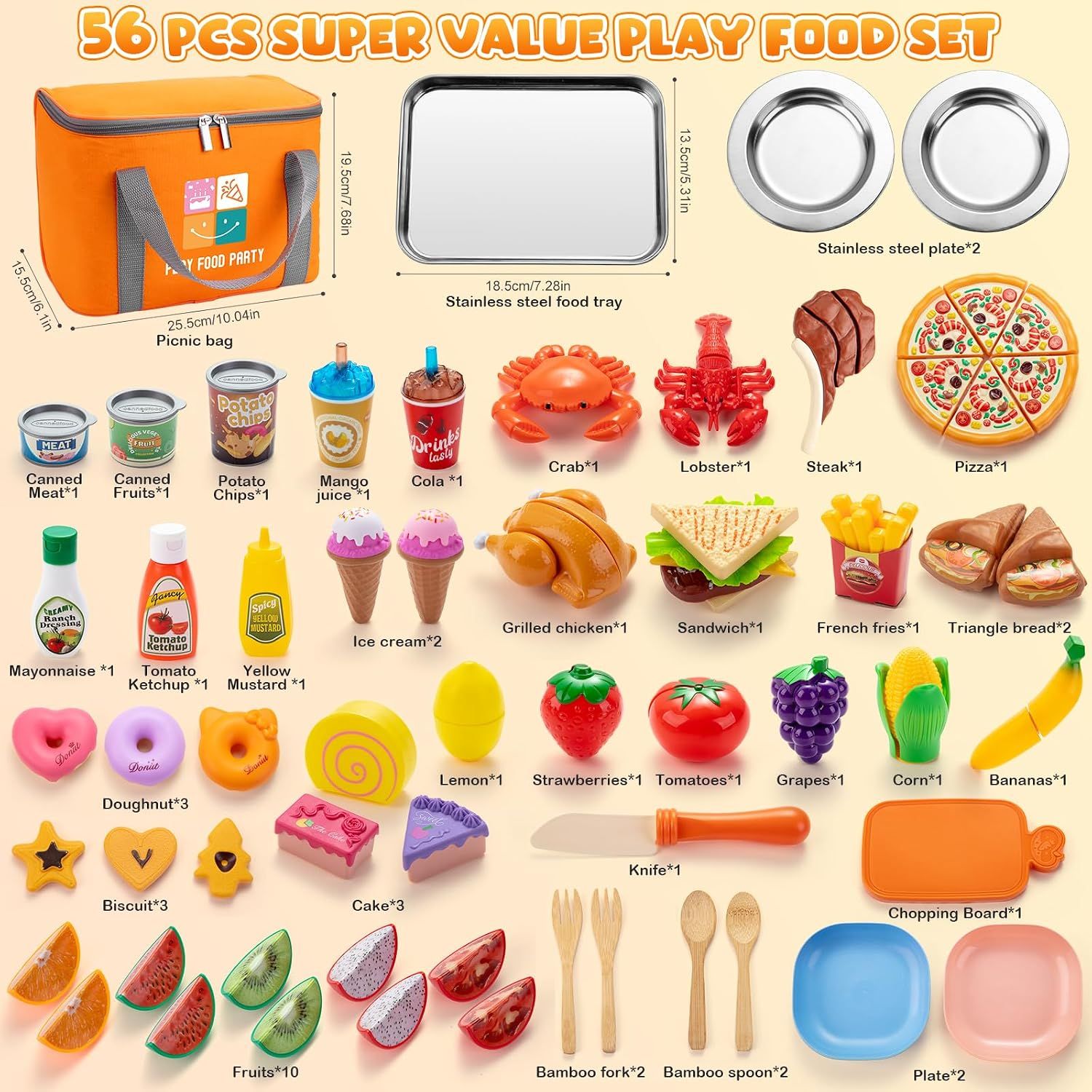 56PCS Kids Kitchen Accessories Set, Pretend Play Food Toys with Cutting Fruits, Vegetables, Pizza &amp; Dessert for Children 3+