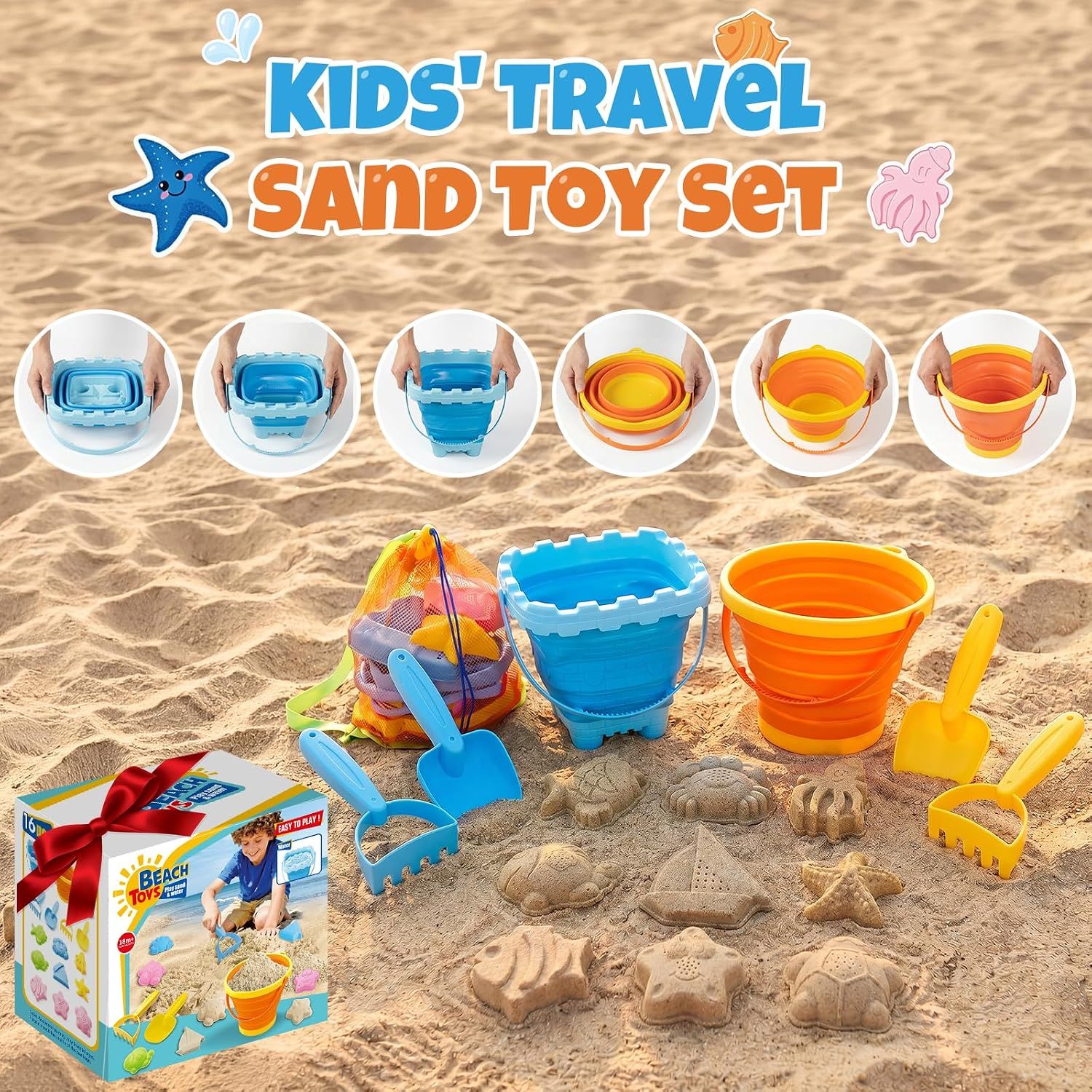 Sand Foldable Beach Toys Set for Kids 18 Months+ – Collapsible Bucket, Molds &amp; Storage Bag