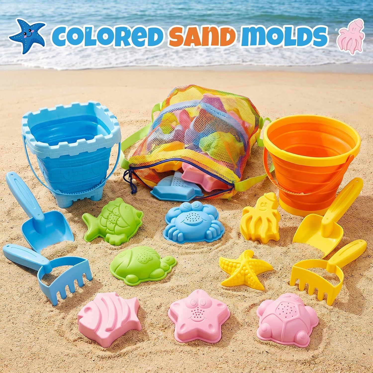 Sand Foldable Beach Toys Set for Kids 18 Months+ – Collapsible Bucket, Molds &amp; Storage Bag