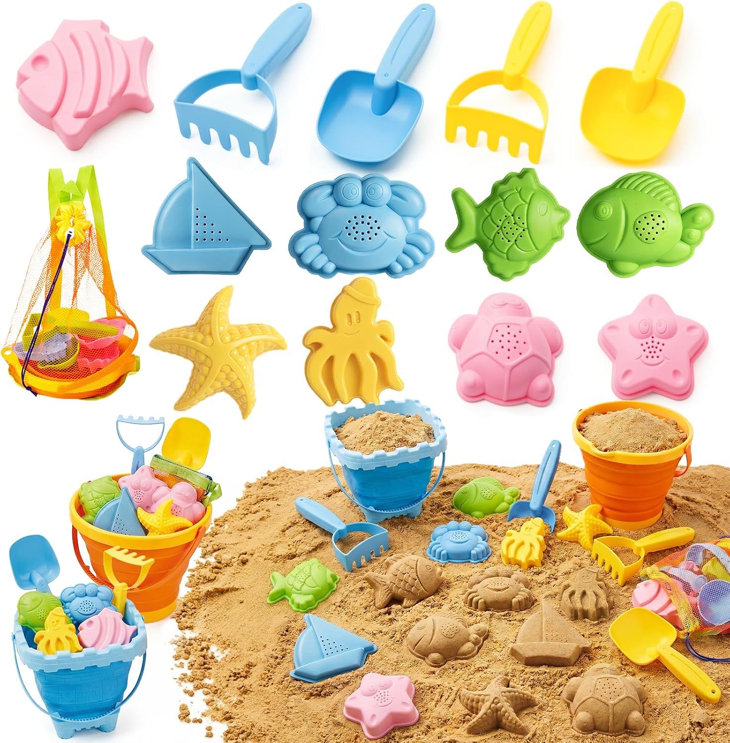 Sand Foldable Beach Toys Set for Kids 18 Months+ – Collapsible Bucket, Molds &amp; Storage Bag