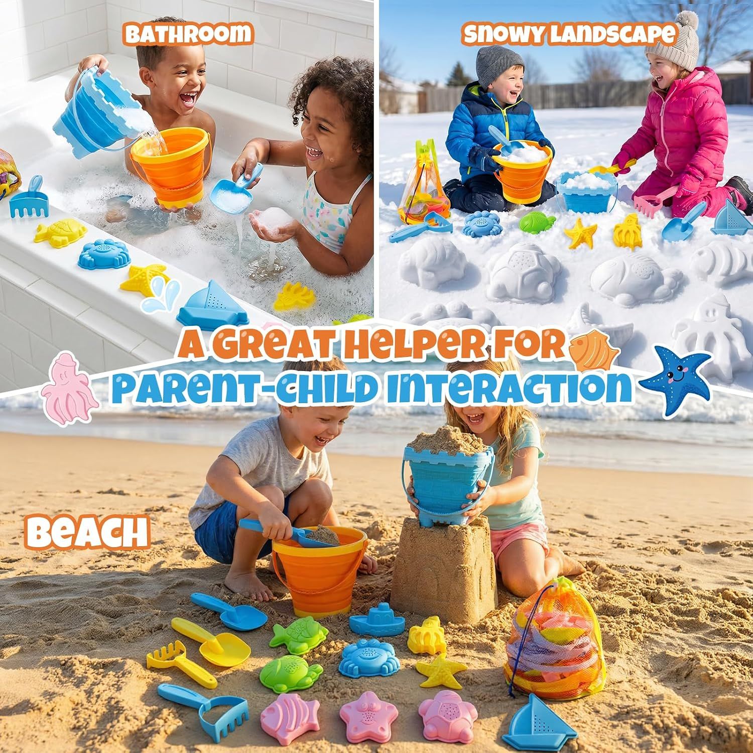 Sand Foldable Beach Toys Set for Kids 18 Months+ – Collapsible Bucket, Molds &amp; Storage Bag