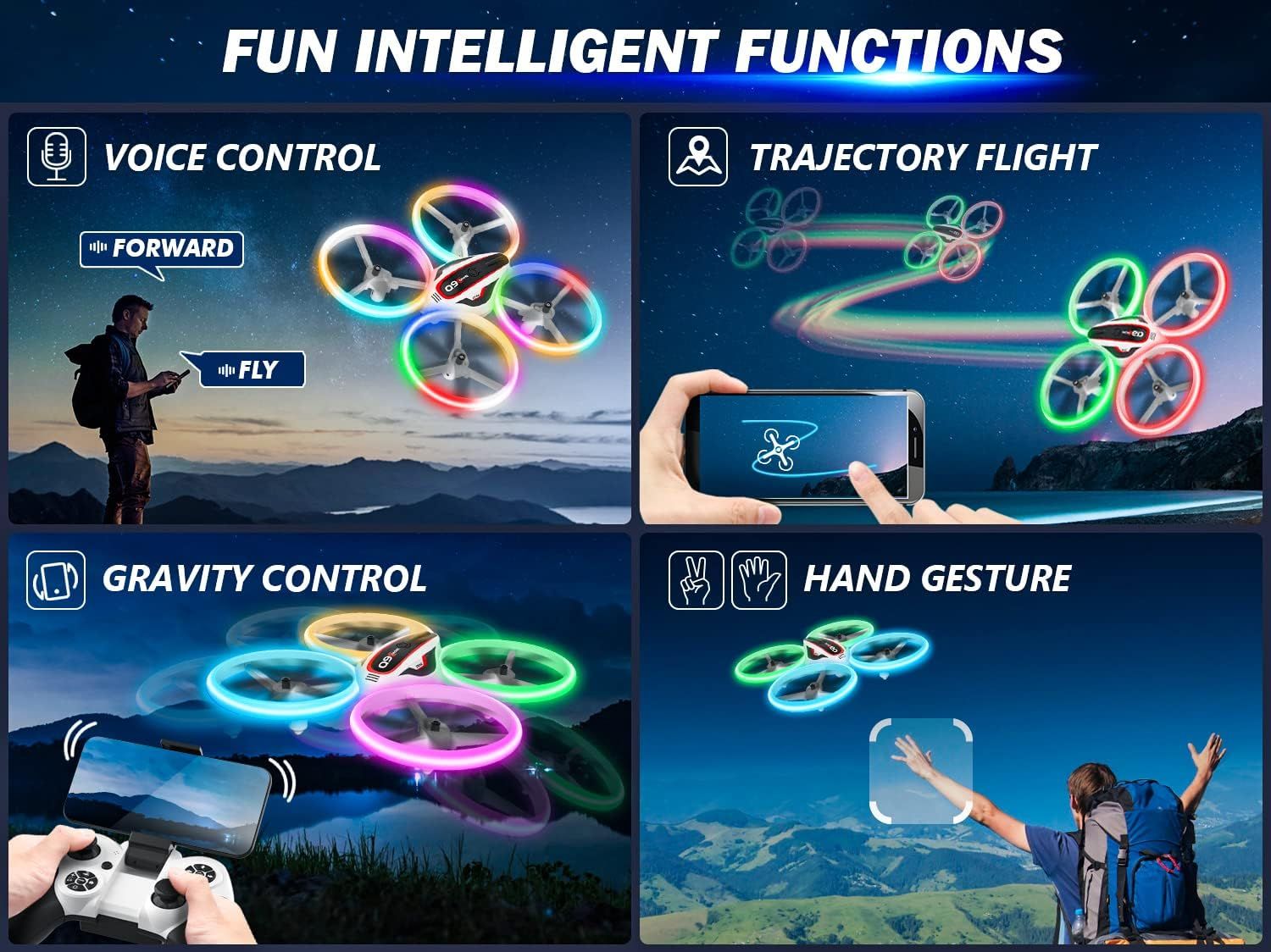 RC 1080P HD Camera Drone for Kids – LED Lights, Voice &amp; App Control, 2 Batteries