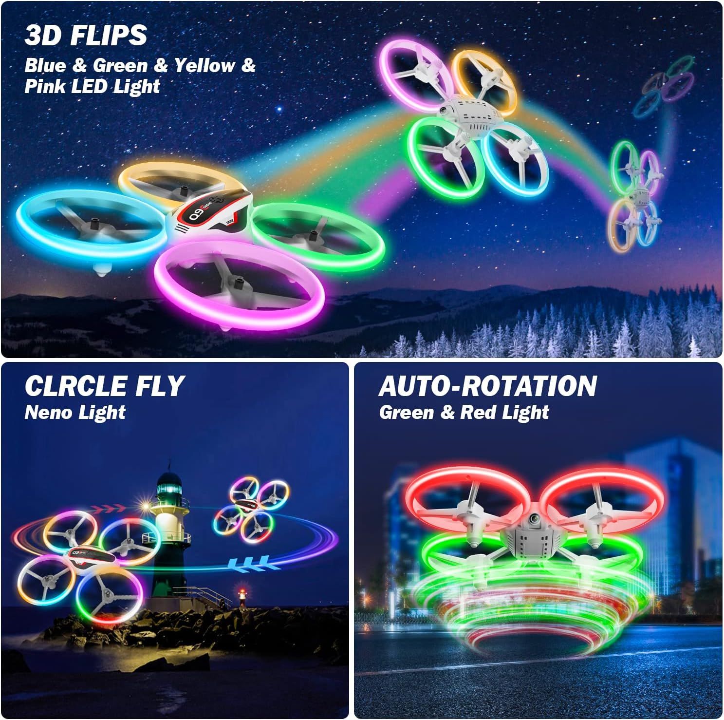 RC 1080P HD Camera Drone for Kids – LED Lights, Voice &amp; App Control, 2 Batteries