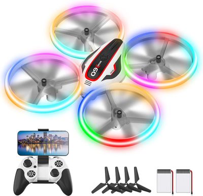 RC 1080P HD Camera Drone for Kids – LED Lights, Voice &amp; App Control, 2 Batteries