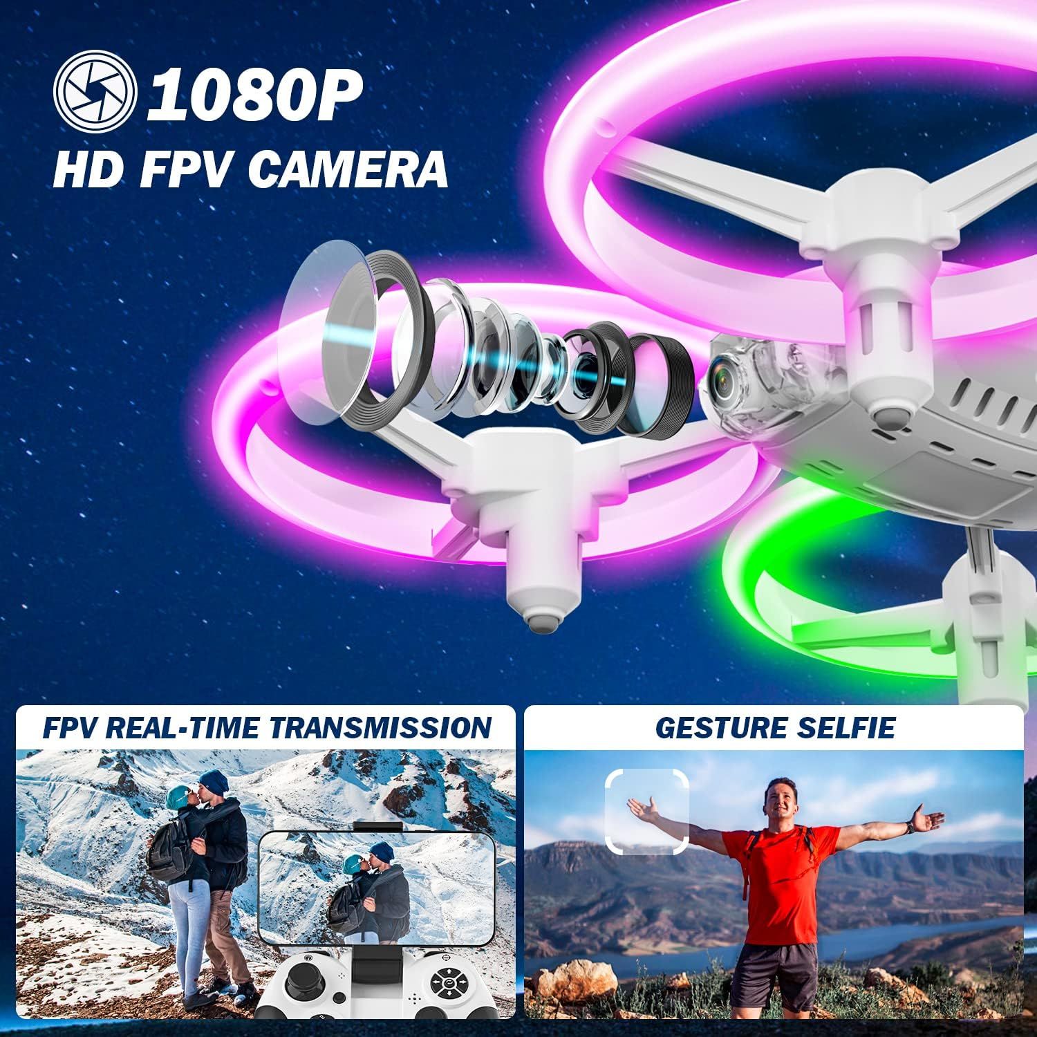 RC 1080P HD Camera Drone for Kids – LED Lights, Voice &amp; App Control, 2 Batteries