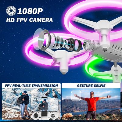 RC 1080P HD Camera Drone for Kids – LED Lights, Voice &amp; App Control, 2 Batteries