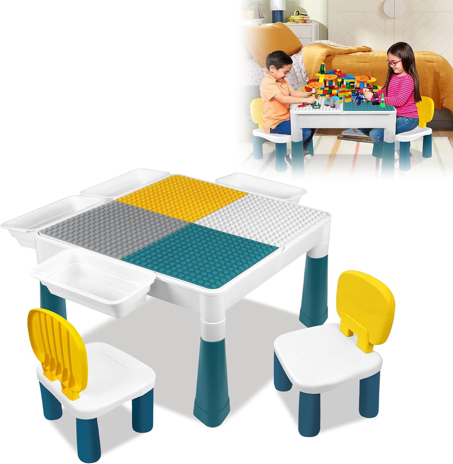 Kids Activity Table &amp; 2 Chairs with 163 Building Blocks, Storage Box &amp; Adjustable Height