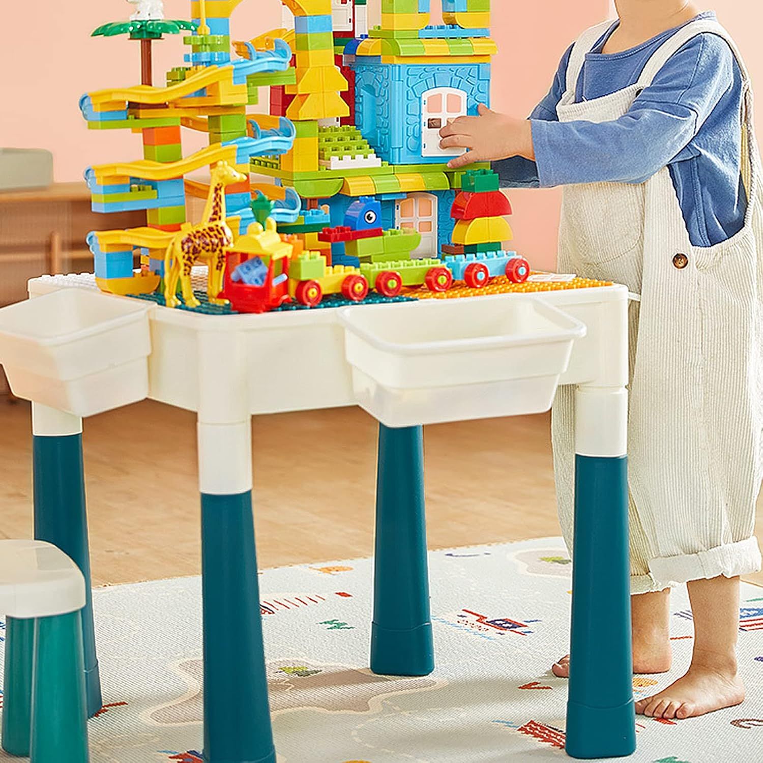 Kids Activity Table &amp; 2 Chairs with 163 Building Blocks, Storage Box &amp; Adjustable Height