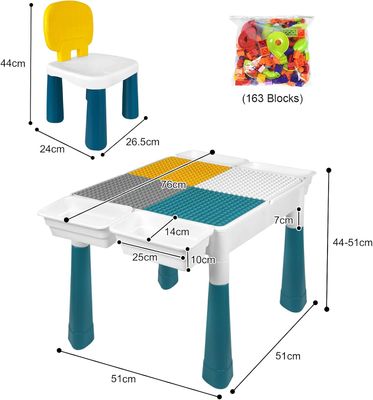 Kids Activity Table &amp; 2 Chairs with 163 Building Blocks, Storage Box &amp; Adjustable Height