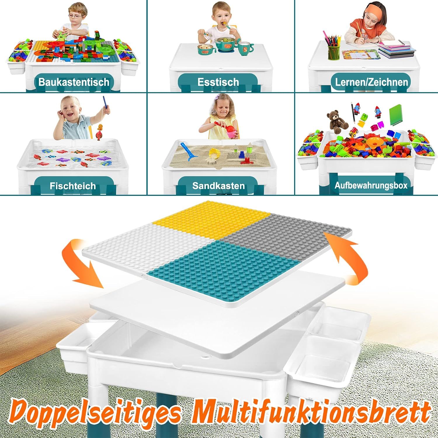 Kids Activity Table &amp; 2 Chairs with 163 Building Blocks, Storage Box &amp; Adjustable Height