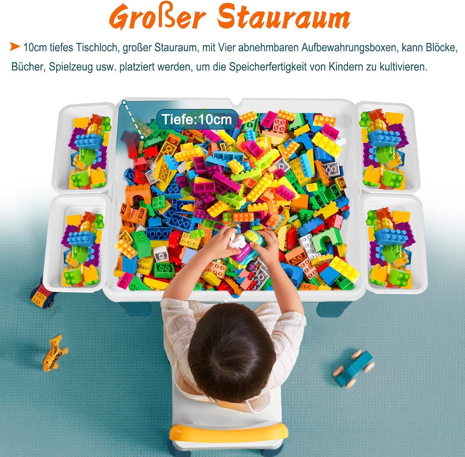 Kids Activity Table &amp; 2 Chairs with 163 Building Blocks, Storage Box &amp; Adjustable Height