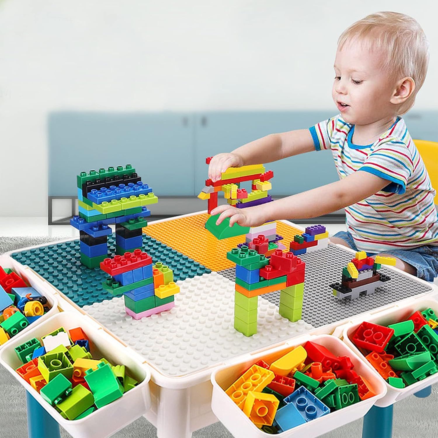 Kids Activity Table &amp; 2 Chairs with 163 Building Blocks, Storage Box &amp; Adjustable Height