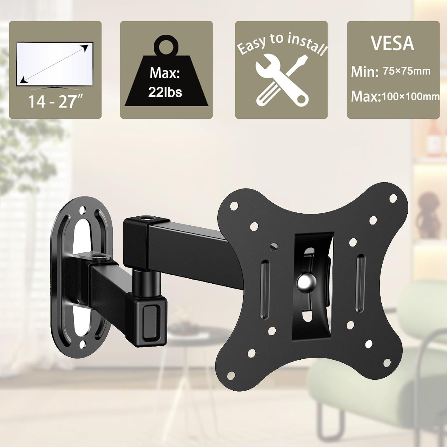Universal TV Wall Mount – 14–27" TVs, 180° Swivel, 15° Tilt, Up to 10 kg