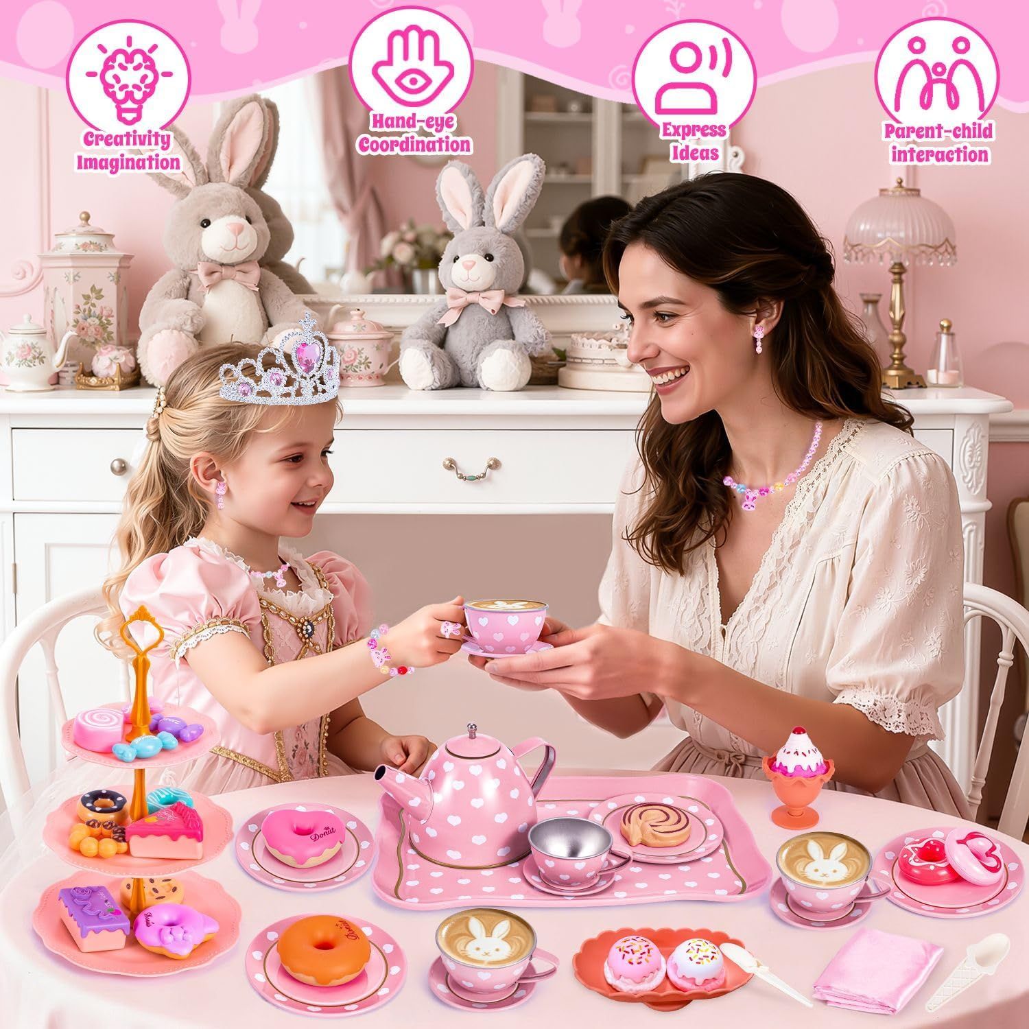 Kids Princess Tea Set Toy for Toddlers 3-8, Pretend Play Party Kitchen Set