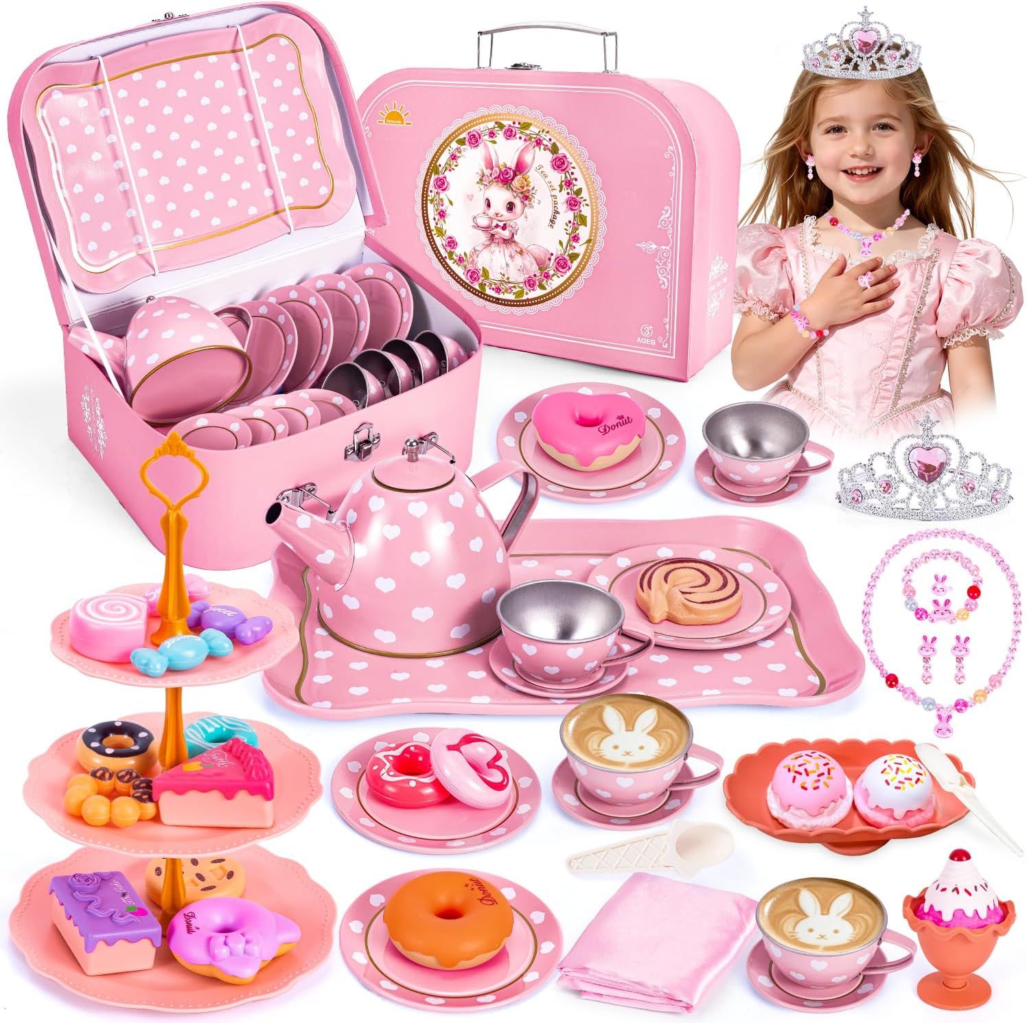 Kids Princess Tea Set Toy for Toddlers 3-8, Pretend Play Party Kitchen Set