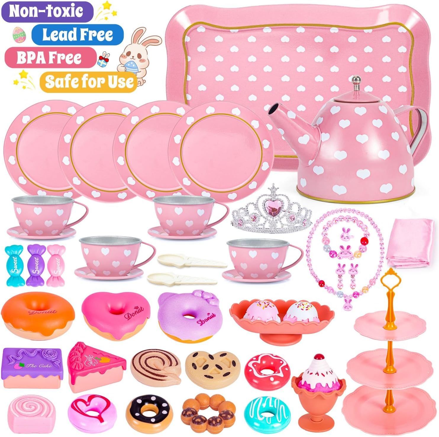 Kids Princess Tea Set Toy for Toddlers 3-8, Pretend Play Party Kitchen Set