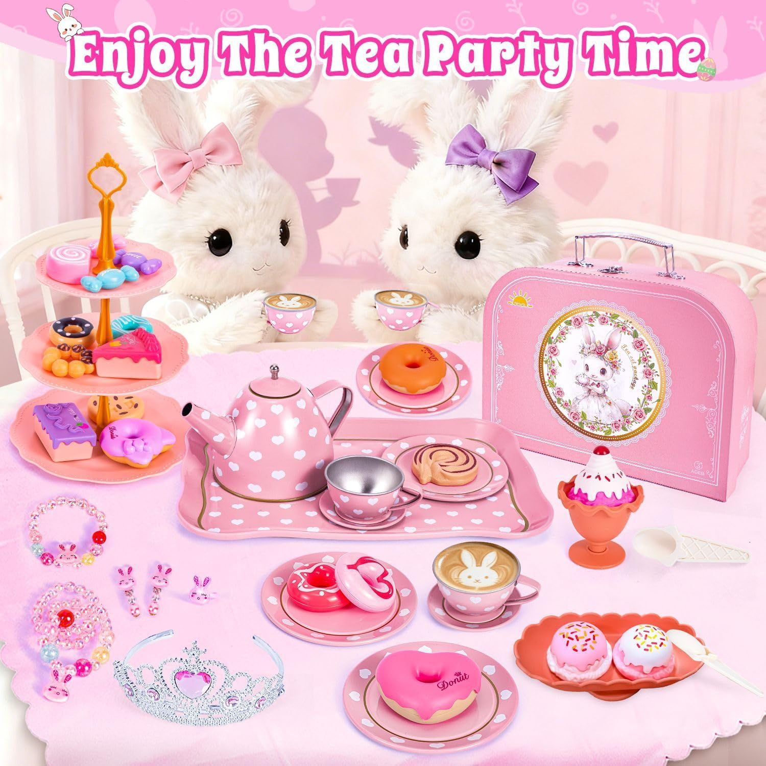 Kids Princess Tea Set Toy for Toddlers 3-8, Pretend Play Party Kitchen Set
