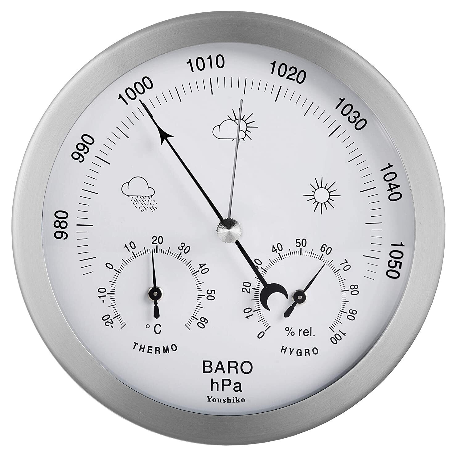 Stainless Steel  Analog Barometer, Thermometer &amp; Hygrometer, 3 in 1  Indoor and Outdoor (Silver) Weather Station