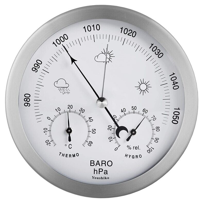 Stainless Steel  Analog Barometer, Thermometer &amp; Hygrometer, 3 in 1  Indoor and Outdoor (Silver) Weather Station