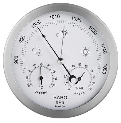 Stainless Steel  Analog Barometer, Thermometer &amp; Hygrometer, 3 in 1  Indoor and Outdoor (Silver) Weather Station