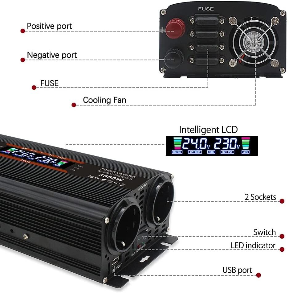 Voltage Converter 24 V 230 V 1500 W / 3000 W Inverter Power Converter with 4 Fuses