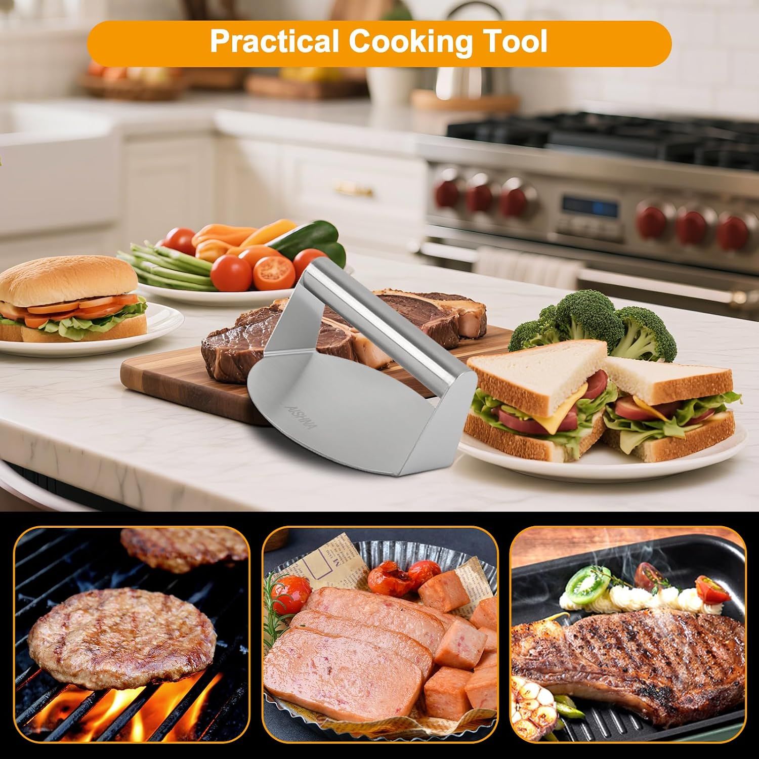 Burger Press Stainless Steel – Premium Heavy Duty Patty Maker for Perfectly Shaped Hamburgers, Non-Stick, Easy to Use, Ideal for BBQs and Grilling