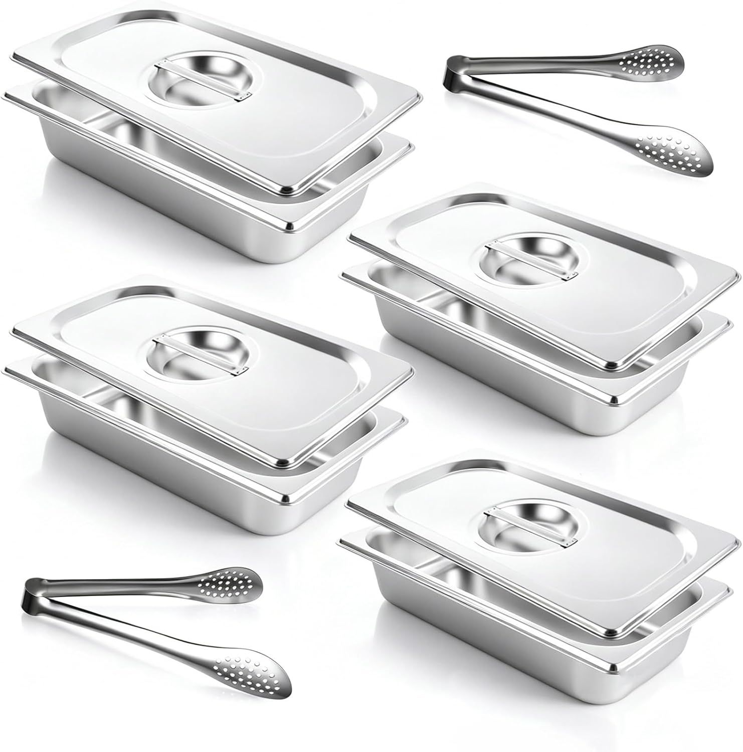 Stainless Steel Food Pans with Lids &amp; Tongs – 65mm Deep