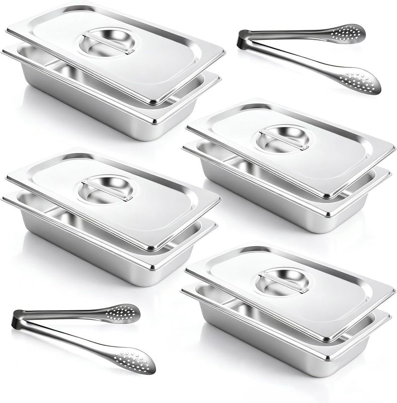 Stainless Steel Food Pans with Lids &amp; Tongs – 65mm Deep