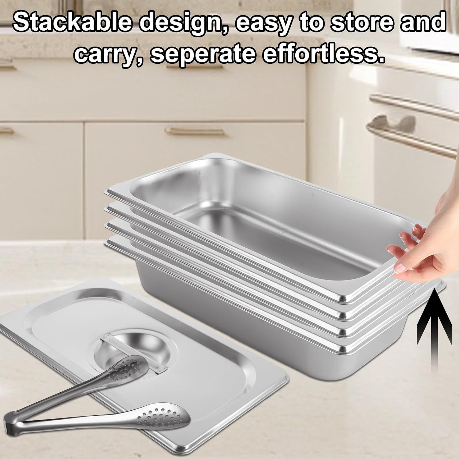 Stainless Steel Food Pans with Lids &amp; Tongs – 65mm Deep