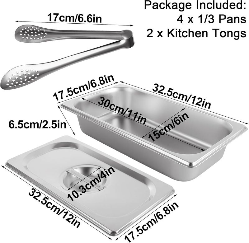 Stainless Steel Food Pans with Lids &amp; Tongs – 65mm Deep