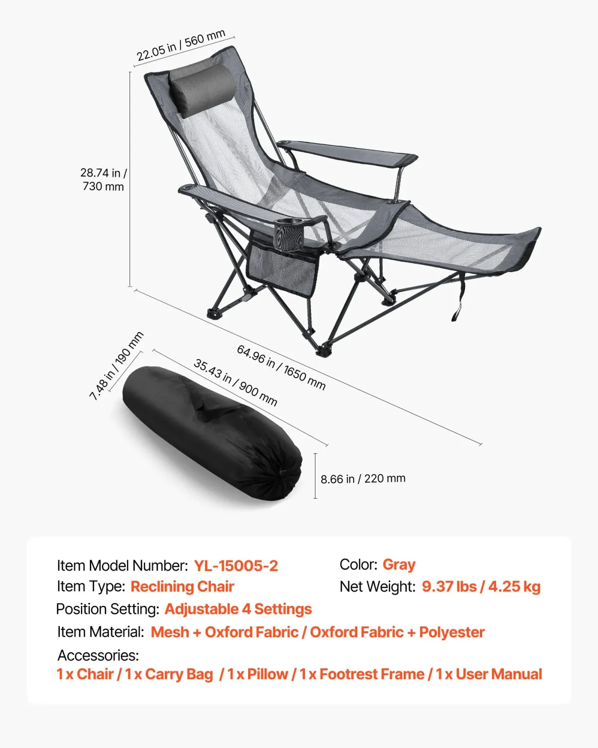 Reclining Camping Chair Folding Lounger Footrest