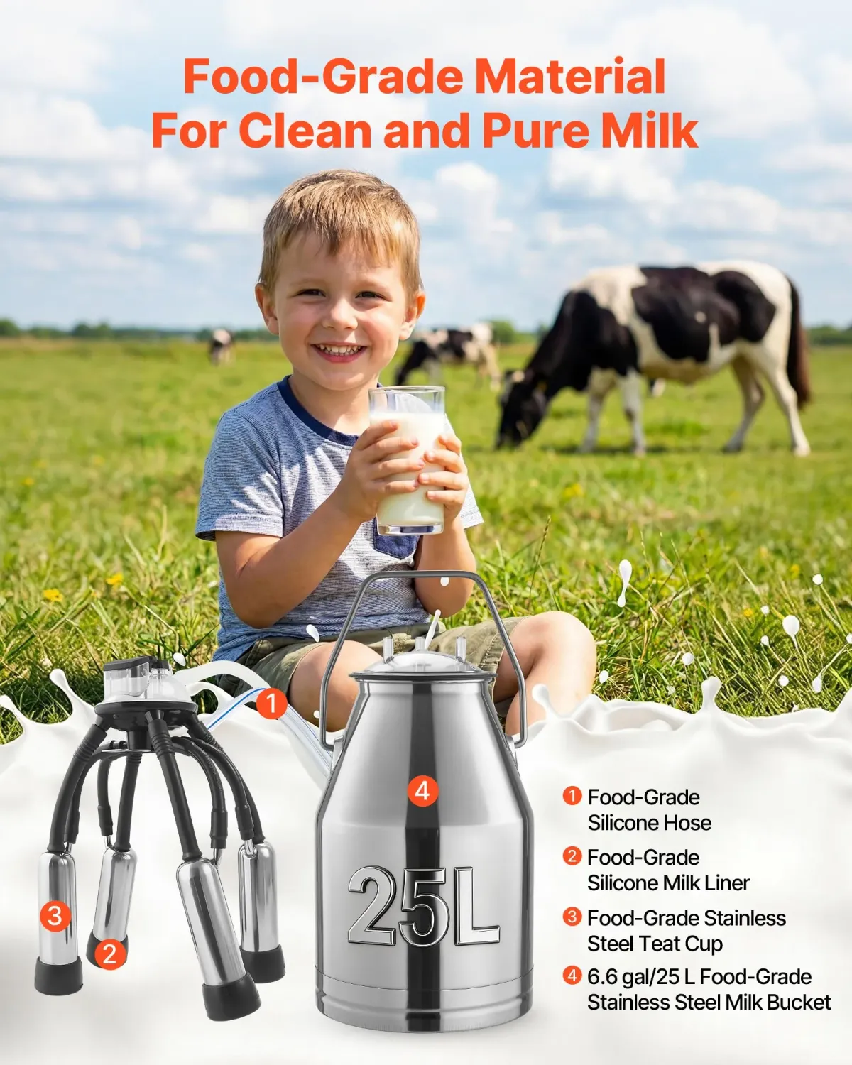 Stainless Steel Milking Milker , Electric Milking Machine 25L