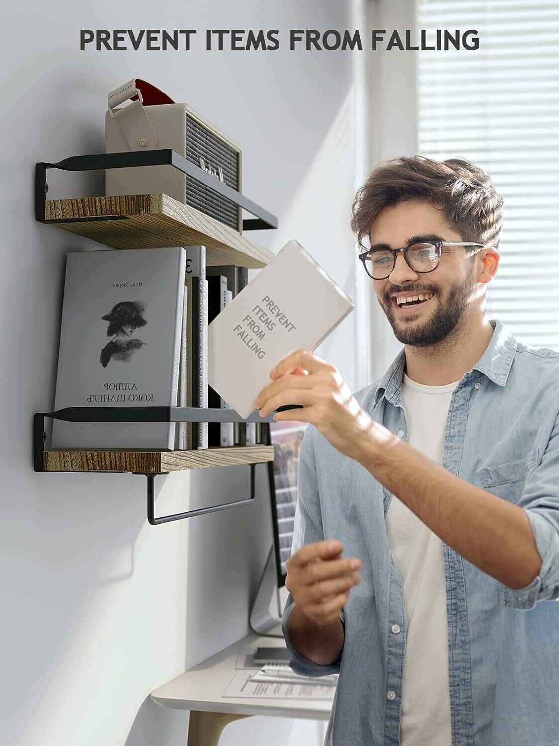 Set of 2 Floating Shelves, Rustic Wall Shelves with Length 42cm, Removable Towel Holder, Wall Mounted Shelves for Bathroom, Living Room, Bedroom, Kitchen