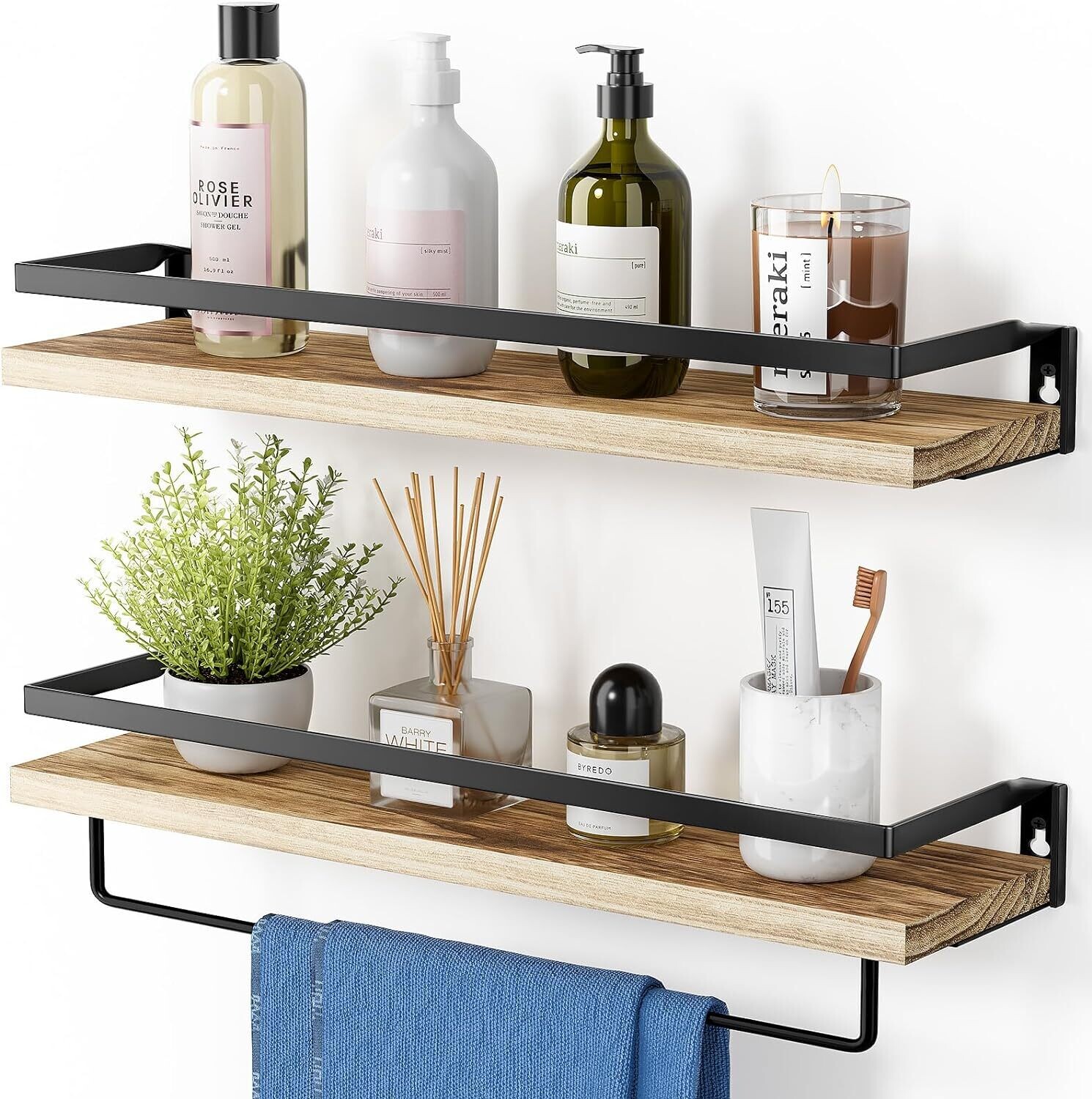 Set of 2 Floating Shelves, Rustic Wall Shelves with Length 42cm, Removable Towel Holder, Wall Mounted Shelves for Bathroom, Living Room, Bedroom, Kitchen