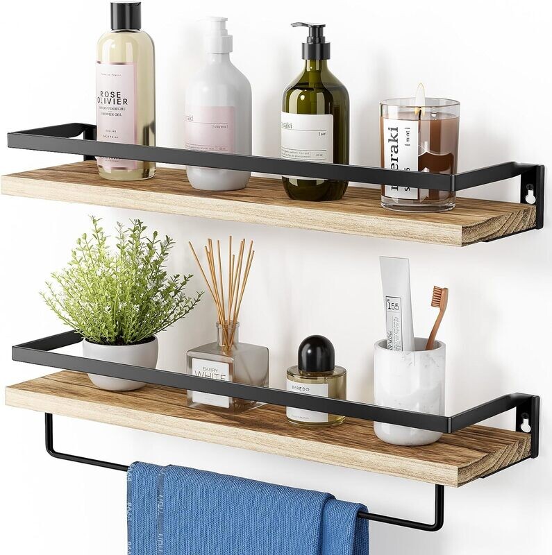 Set of 2 Floating Shelves, Rustic Wall Shelves with Length 42cm, Removable Towel Holder, Wall Mounted Shelves for Bathroom, Living Room, Bedroom, Kitchen