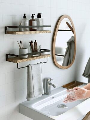 Set of 2 Floating Shelves, Rustic Wall Shelves with Length 42cm, Removable Towel Holder, Wall Mounted Shelves for Bathroom, Living Room, Bedroom, Kitchen
