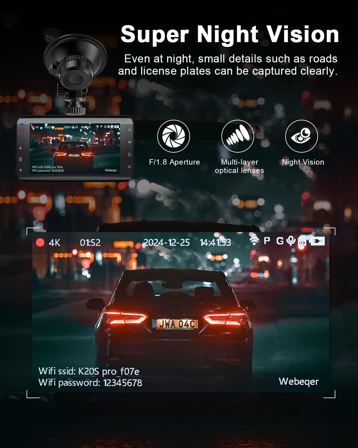 4K Front Rear Dash Cam with 64GB SD Card, WiFi Car Camera, Night Vision &amp; Parking Monitor
