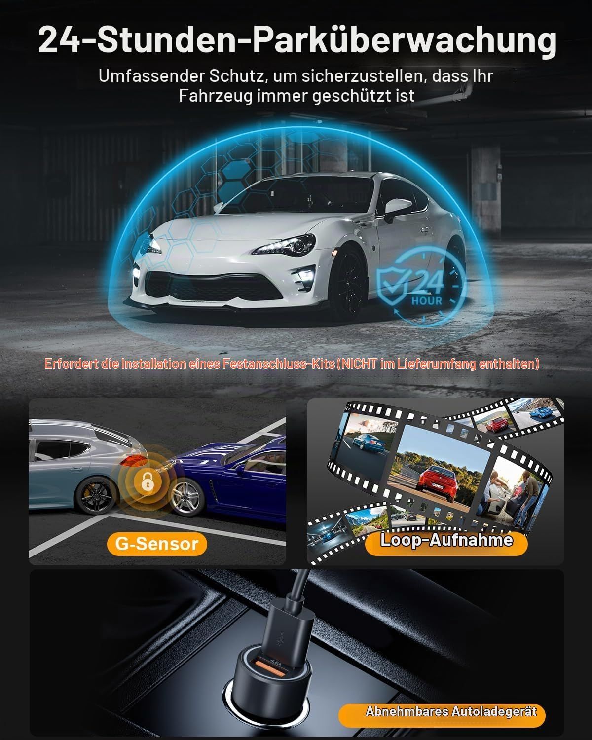 4K Front Rear Dash Cam with 64GB SD Card, WiFi Car Camera, Night Vision &amp; Parking Monitor