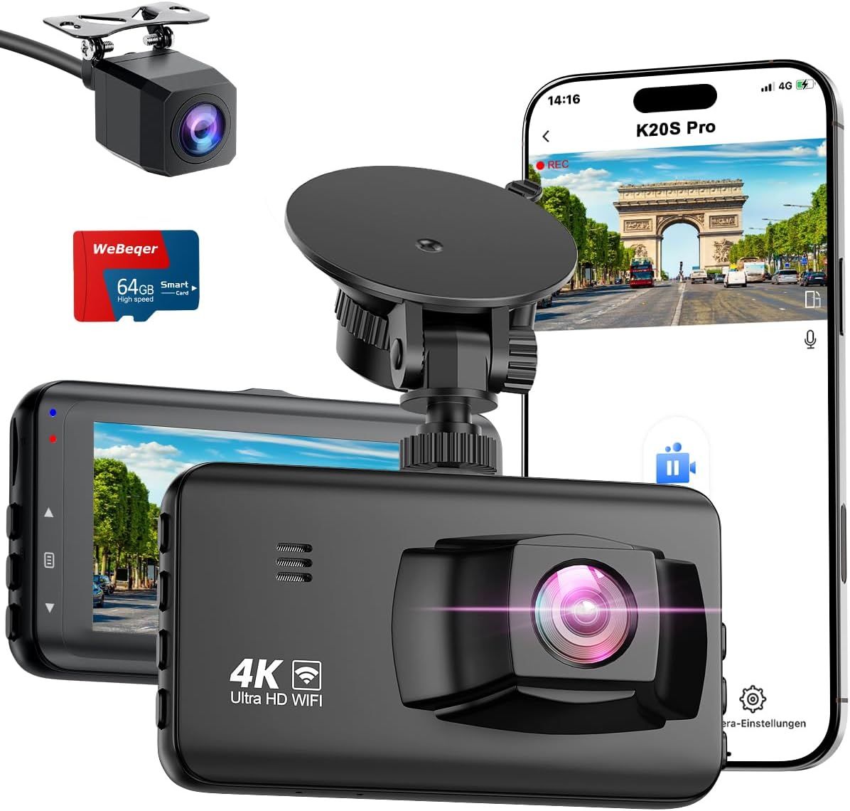 4K Front Rear Dash Cam with 64GB SD Card, WiFi Car Camera, Night Vision &amp; Parking Monitor