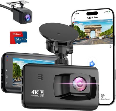 4K Front Rear Dash Cam with 64GB SD Card, WiFi Car Camera, Night Vision &amp; Parking Monitor