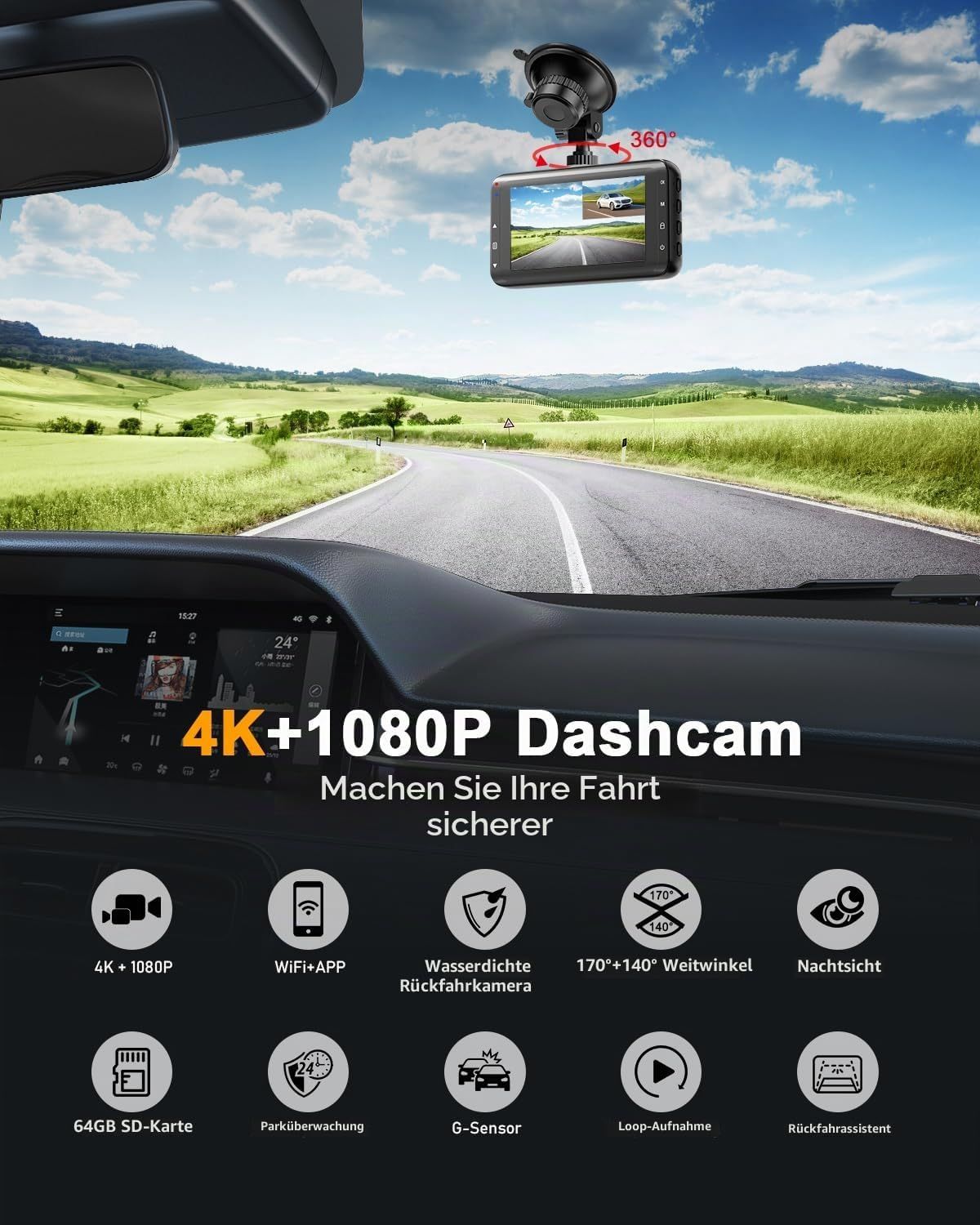 4K Front Rear Dash Cam with 64GB SD Card, WiFi Car Camera, Night Vision &amp; Parking Monitor