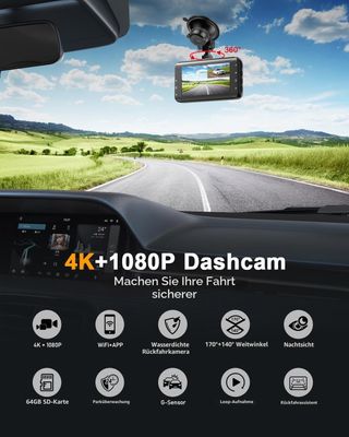 4K Front Rear Dash Cam with 64GB SD Card, WiFi Car Camera, Night Vision &amp; Parking Monitor