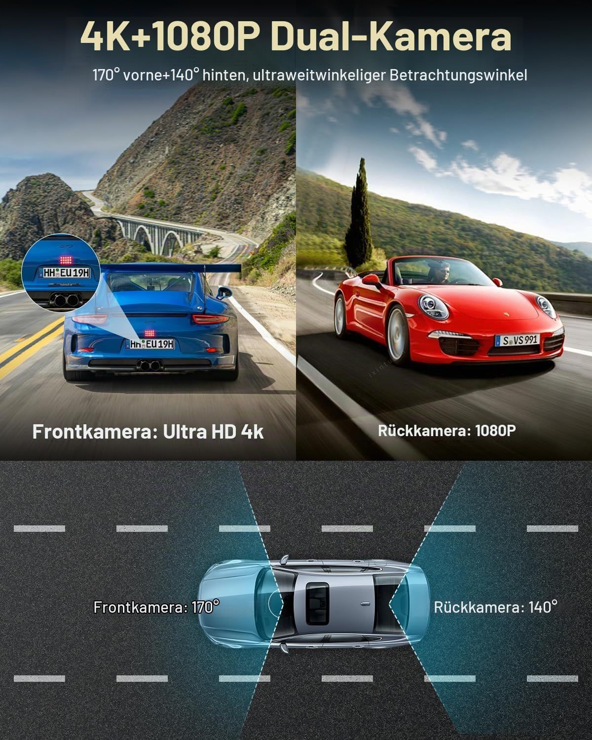4K Front Rear Dash Cam with 64GB SD Card, WiFi Car Camera, Night Vision &amp; Parking Monitor