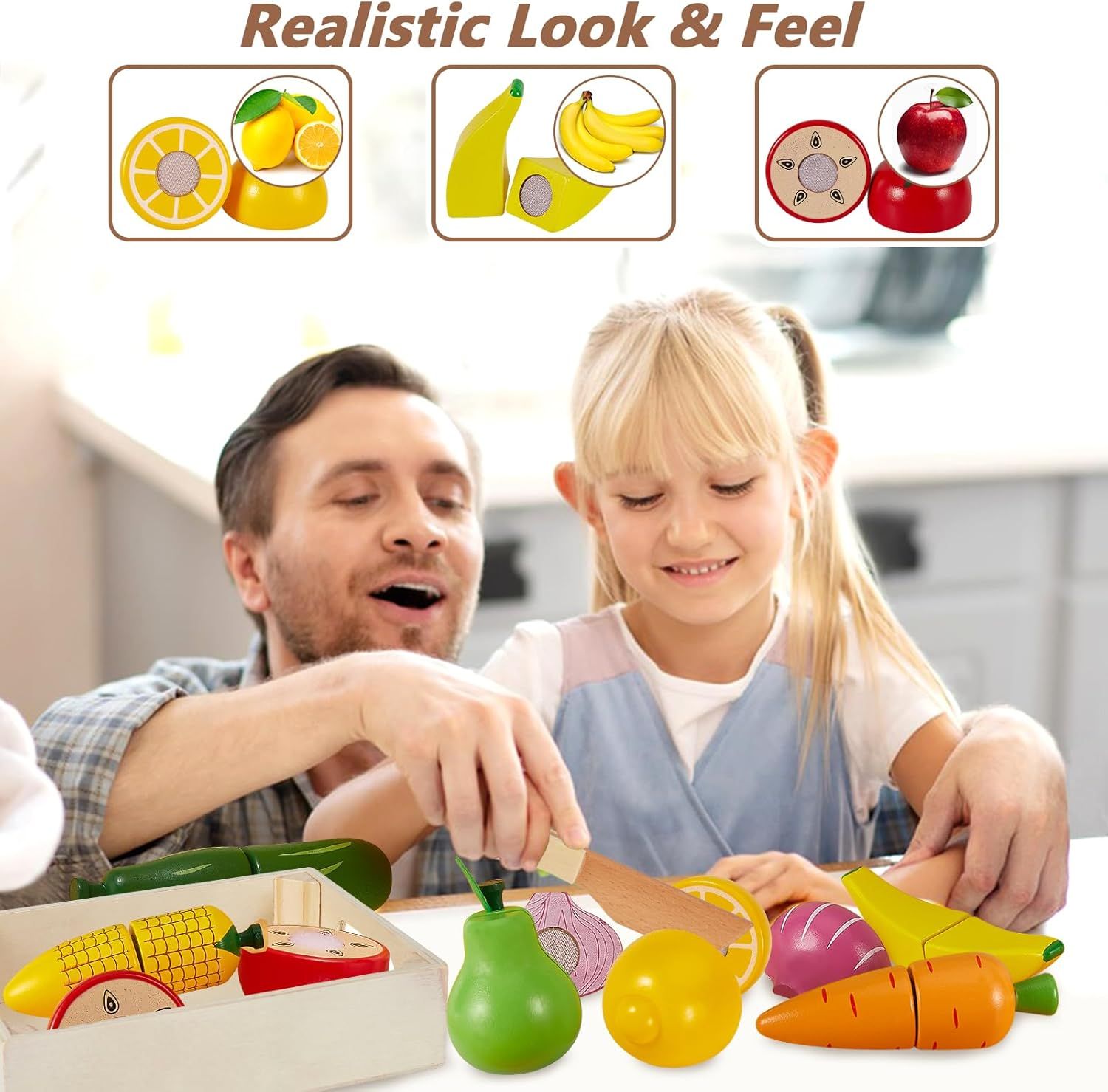 Wooden Kitchen Cut Food Kids Toy, Fruits and Vegetables Magnetic Toy
